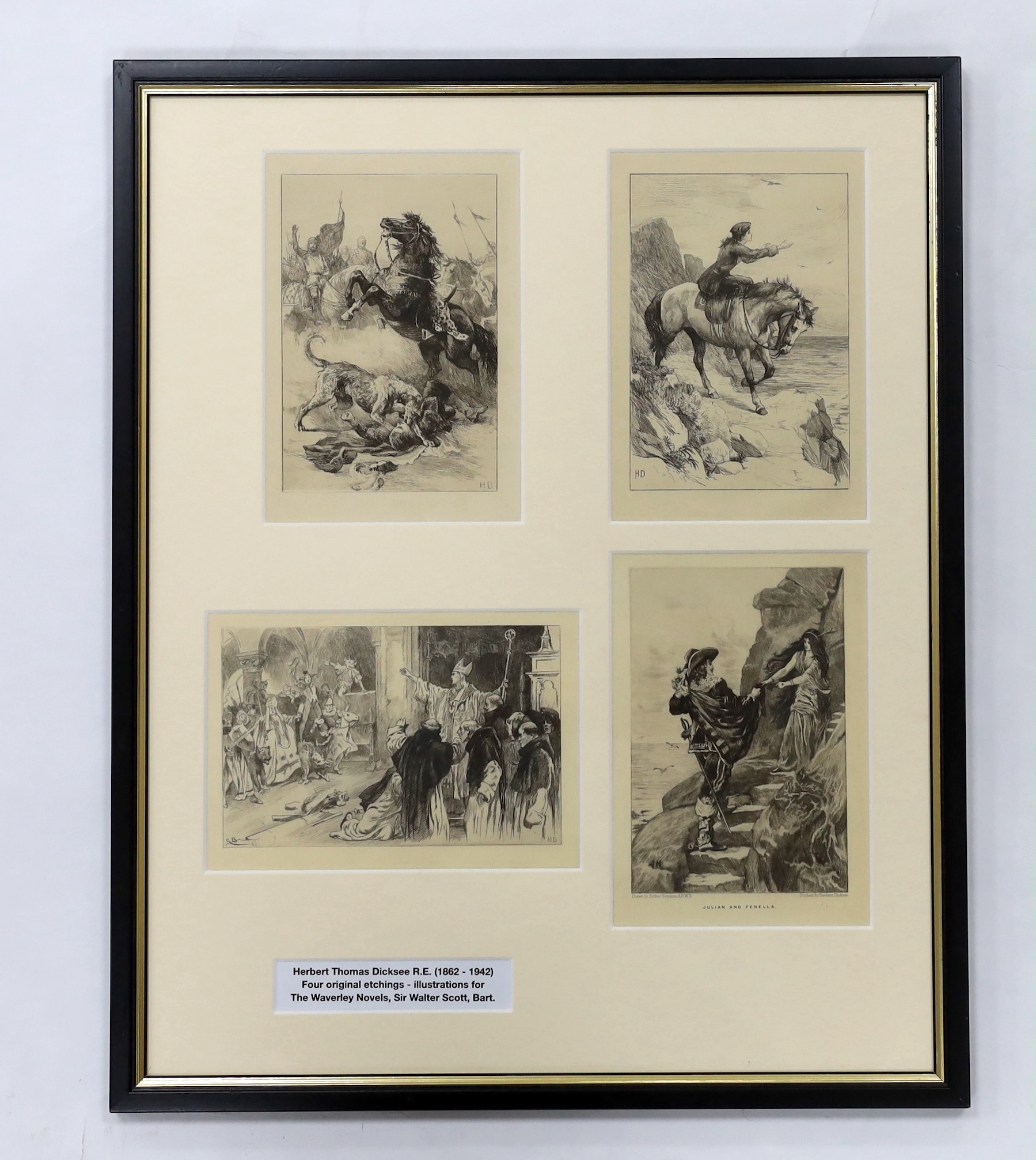 Herbert Dicksee (1862-1942), four etchings, Illustrations for the Waverley Novels. Sir Walter Scott, framed as one, each 16 x 10.5cm